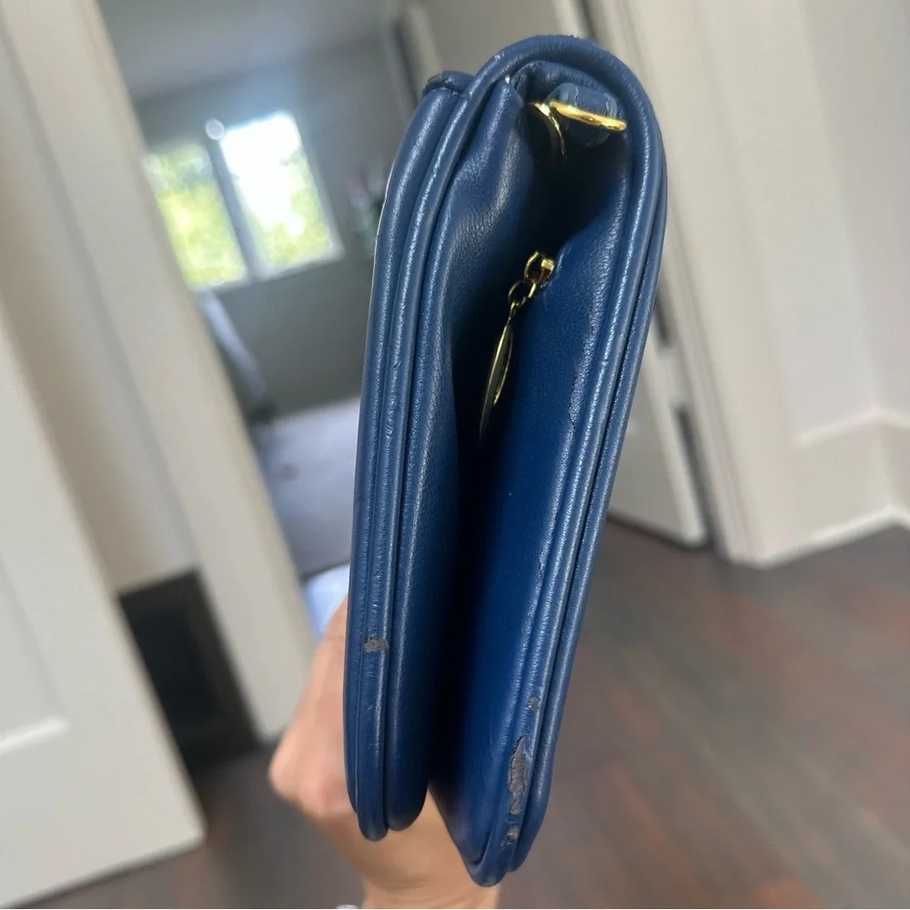 Tory Burch Cobalt Blue Logo Clutch Bag With Removable Shoulder Strap Gold Accent